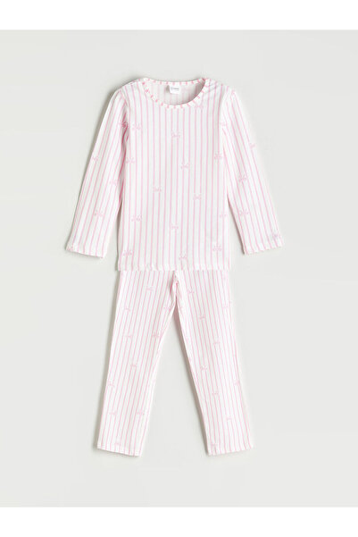 LC Waikiki LCW ECOPembe Bisiklet Yaka Fiyonk Desenli Kız Çocuk Pijama Takımı