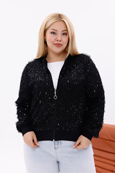 Siyezen Büyük Beden Sakallı Pullu Fermuarlı Hırka