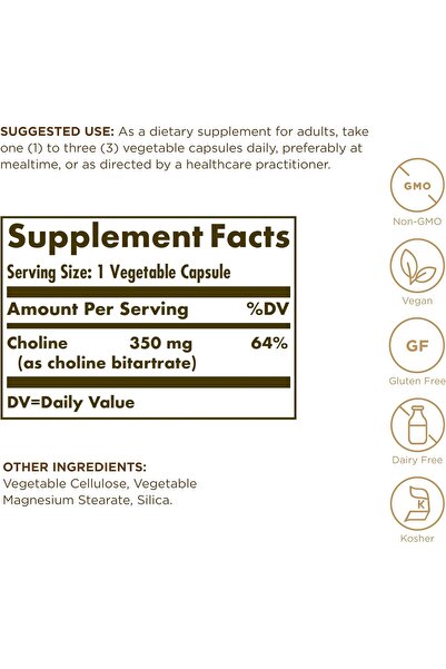 Solgar Choline 350mg - 100 Vegetarian Capsules - EU-Compliant