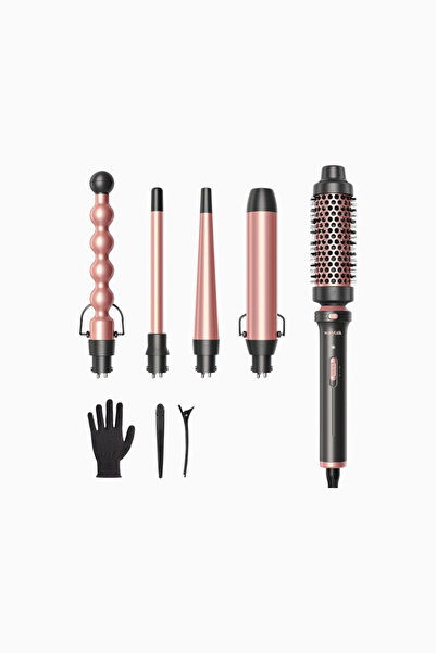 wavytalk مجموعة مكواة تجعيد الشعر 5 في 1، فرشاة حرارية وسيراميك، ذهبي وردي