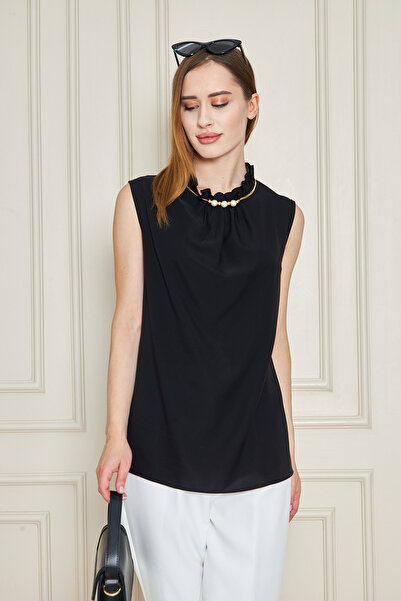 UNIQUE LADY Women's Ruffle Neckline Sleeveless Blouse with Pearl and Chain De...