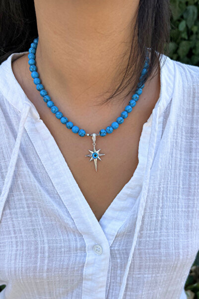 Suerte Accessories Turquoise Natural Stone Handcrafted Special Design Women's Natural Stone Necklace with Steel North Star Eye Evil Eye Detail