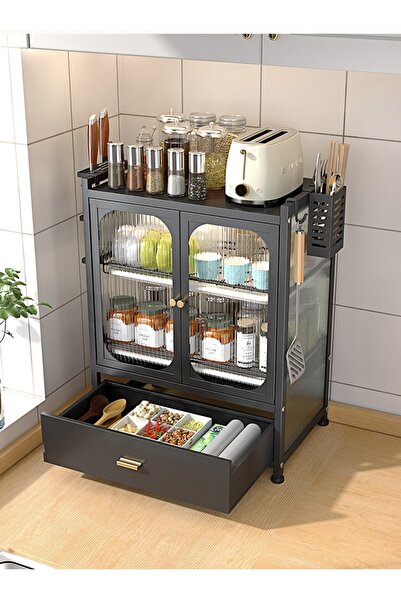 Un منظم مع درج لتخزين أدوات المطبخ معدني اسود وابيض