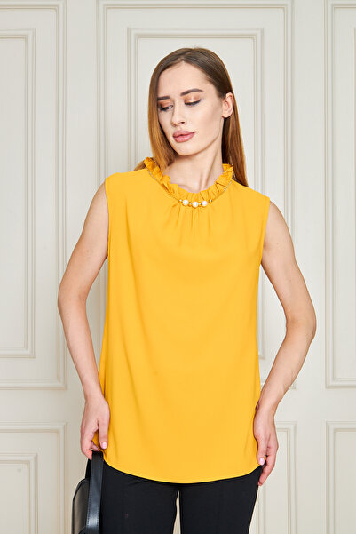 UNIQUE LADY Women's Ruffle Neckline Sleeveless Blouse with Pearl and Chain De...