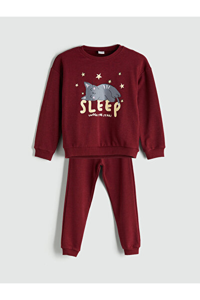 LC Waikiki Bordo Bisiklet Yaka Kız Çocuk Pijama Takımı