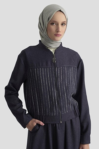 Armine TREND Woven Line Sequin Garnished Skirt Double Suit Navy Blue 25Kt663