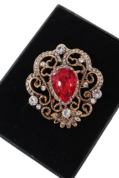 KEEBA Asaletin kırmızı imzası Yakut taşlı broş gold renkli taşlı kadın yaka i...