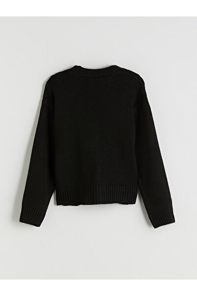 LC Waikiki LCW KidsSiyah V Yaka Örgülü Kız Çocuk Triko Hırka