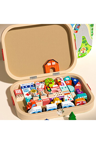 Picodino Wooden suitcase base circuit with electric train and City construction blocks