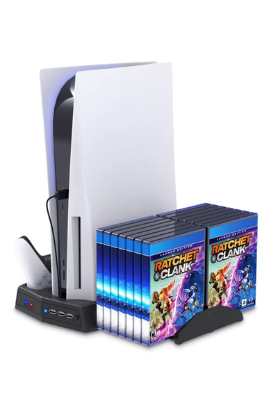 No branded Stație de gaming verticală 4 în 1 pentru PS5, 3 porturi USB, ventilatoare duble, încărcător dublu, suport pentru discuri, neagră