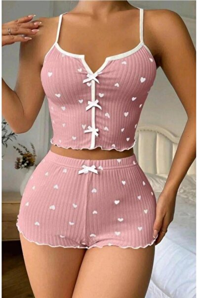 SWARO Women's Pink Heart Suspender Shorts Pajamas