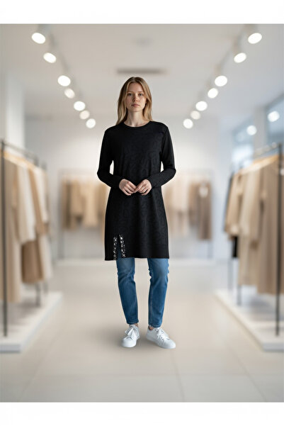 ECE GİYİM Women's Front Printed Skirt with Beaded Side Hem and Low Sleeve Tunic