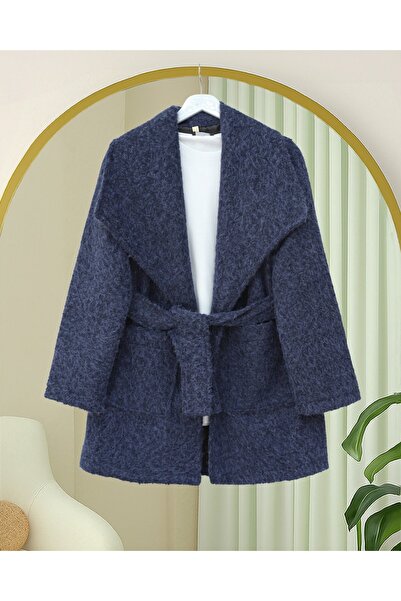 Modamorfo Wide Collar Belted Waist Pocketed Cashmere Coat - Navy