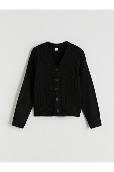 LC Waikiki LCW KidsSiyah V Yaka Örgülü Kız Çocuk Triko Hırka