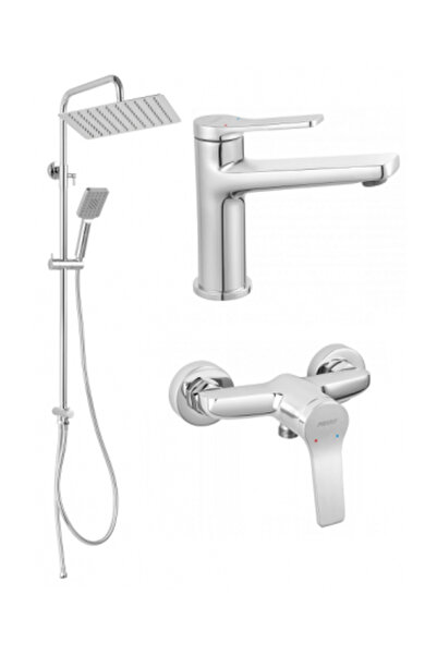 FERRO Set 3 in 1 Baterie - dus + Baterie lavoar + Coloana de dus cu dus fix si dus mobil culisant St