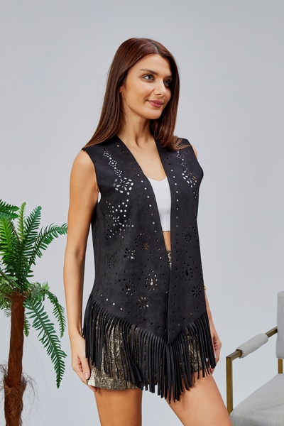 Wissi Life Black Tassels Scuba Suede Vest