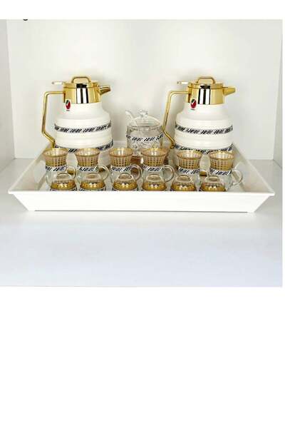 Radin طقم شاي وقهوة عربي مكون من 22 قطعة، ترمس ذهبي أنيق وأكواب زجاجية مع صينية