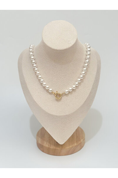 Zey Jewellery Gemici Kilitli Altınlık İnci Kolye (Altın Takmaya Uygun) 8mm İn...