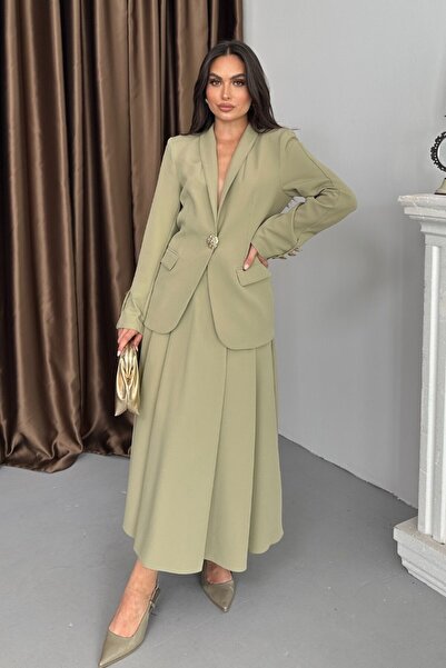 spirituel Kadın İkili Takım Şık Düğme Detaylı Dik Yaka Blazer Ceket Uzun Etek Takım