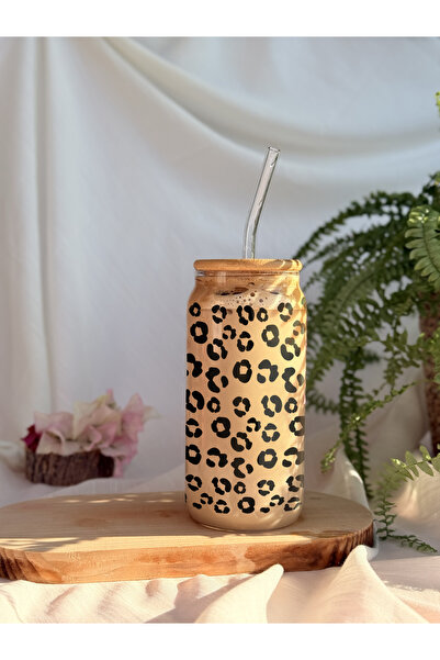 REMİ DESİGN Leopar Desenli Bambu Kapaklı, Pipetli Cam Soğuk Kahve Bardağı