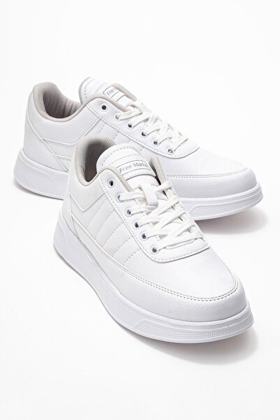 CCWAY AYAKKABI Men's Lace-Up Sneakers with Side Stitching; White White