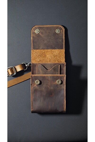 MAT Deri Genuine Leather Phone Bag Crossbody Bag with Shoulder Strap Small Bag with Card Wallet Compartment Brown