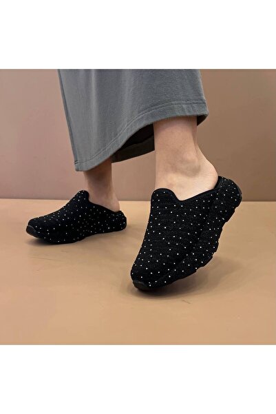 Craftique Black Shiny Stone Detailed Closed Toe Women's Slippers Comfortable Thick Soled Stylish Daily Model