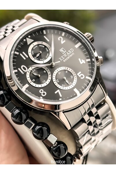 Reward Men's Functional Wristwatch, Certified, Guaranteed, Grey - Silver Steel Band Bracelet