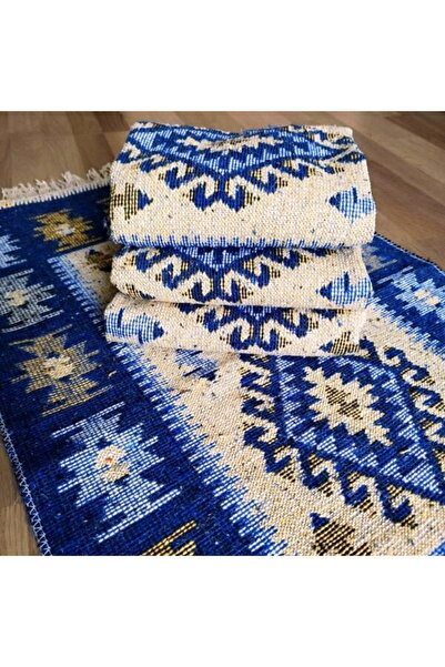 OEM Set 4 covoare tradiționale țesute, față-verso, dimensiune 60x90cm, albastru, model ROMB