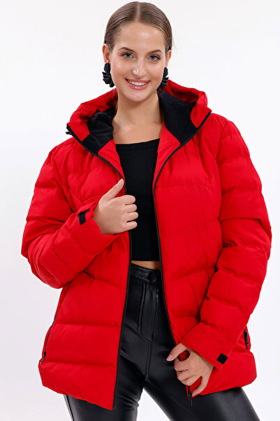 MissThetis Büzgülü Kapüşonlu Uzun Kollu Cepli İçi Polarlı Fermuarlı Şık ve Co...