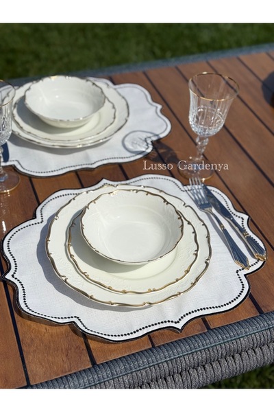 Lusso Gardenya Siyah Beyaz Nakışlı 6 Amerikan servis