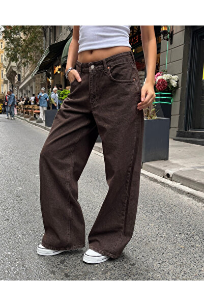deqfashion Kadın Kahverengi Düşük Bel Geniş Paça Baggy Jean Pantolon