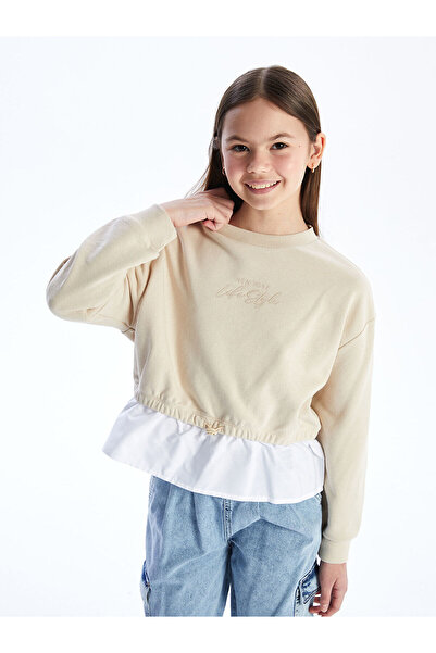 LC Waikiki Hanorac pentru fetiță LCW Kids Beige - Tricou cu decolteu cu impri...