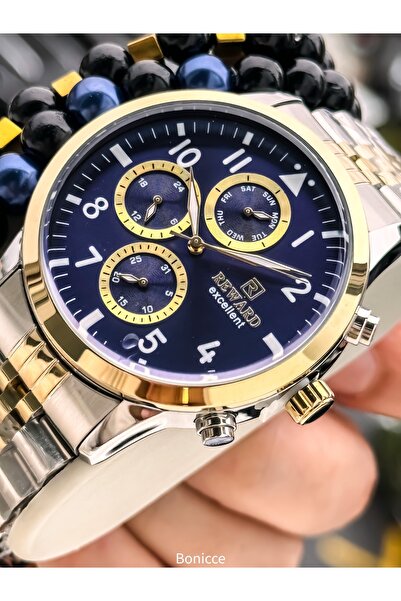 Reward ساعة يد رجالية عملية، معتمدة، مضمونة، سوار من الفولاذ باللون الأصفر وا...