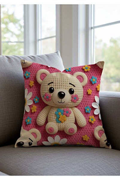 Sakallı Pink Cute Teddy Bear Children's Room Themed Digital Printed Decorative 4-Piece Throw Pillow Cover