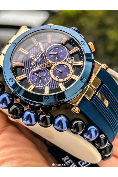 Reward Men's Wristwatch, Certified, Guaranteed, Navy Blue Silicone Band, Calendar, Bracelet Gift