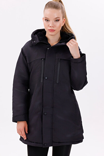 MissThetis Kapüşonlu Uzun Kollu Cepli İçi Polarlı Fermuarlı Göğüs Cepli Şık v...