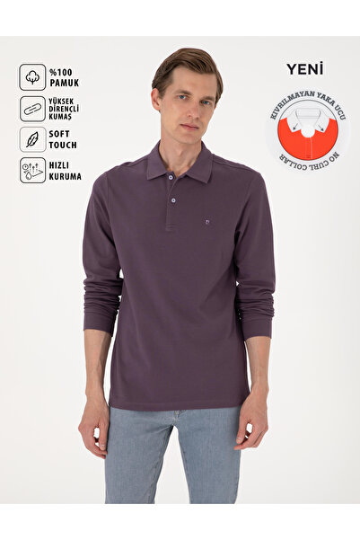 Pierre Cardin Μωβ εφαρμοστό μακρυμάνικο φούτερ με γιακά πόλο που δεν μπορεί να συρφλαστεί