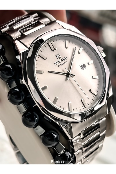 Reward Men's Wristwatch with Calendar, Certified, Guaranteed, White Silver Steel Band Bracelet Gift