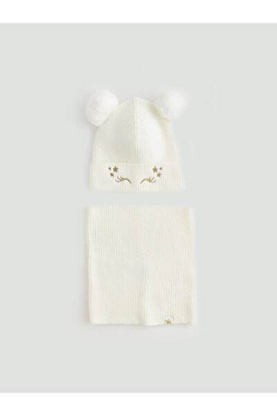 LC Waikiki Ecru Plush Pompom Girl's Beret and Neck Collar