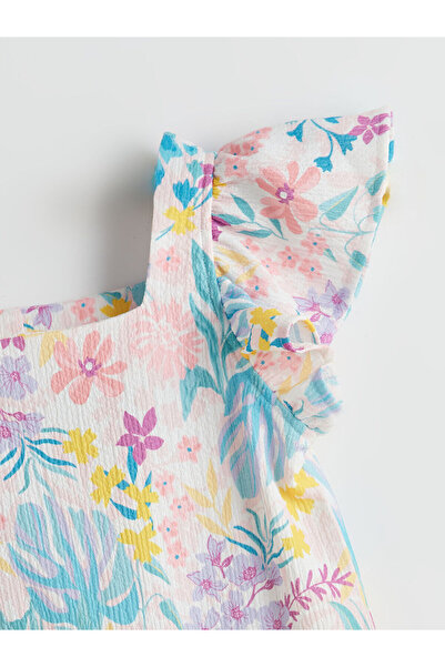 LC Waikiki Beyaz Çiçekli Diz Üstü Fırfırlı Kız Çocuk Elbise