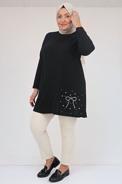 Eslina 58111 Büyük Beden Önü Taş Detaylı Mir Tunik - Siyah
