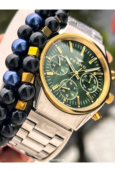 FERRO ساعة يد رجالية عملية، معتمدة، مضمونة، سوار فولاذي فضي أخضر مع سوار مزدوج كهدية