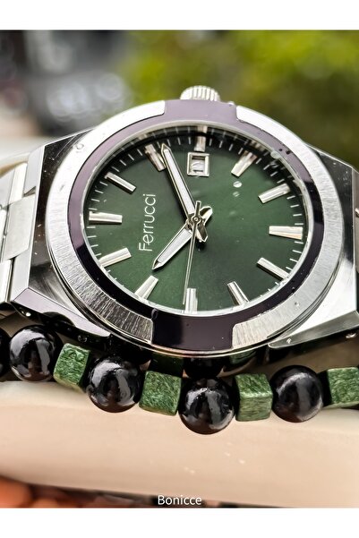 Ferrucci Men's Wristwatch, with Calendar, Green Silver Steel Band, with Bracelet Gift