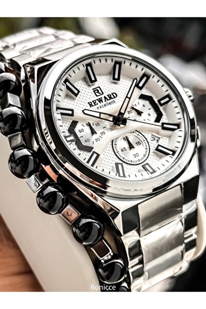 Reward Men's Functional Wristwatch, Certified, Guaranteed, White Silver Steel Band Bracelet