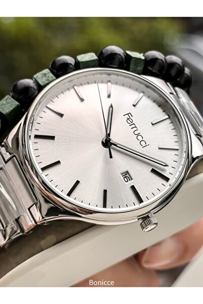 Ferrucci Men's Wristwatch, with Calendar, White Silver Steel Band, with Bracelet Gift