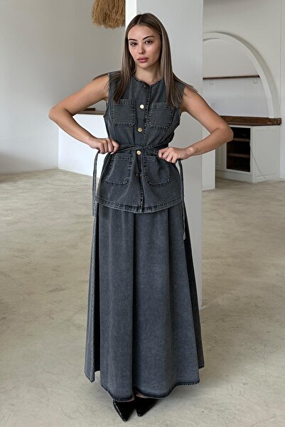 Olcay Φούστα με λεπτομέρεια τσέπης Τζιν Σετ ΑΝΘΡΑΚΙΤΙΚΟ 9377-TK