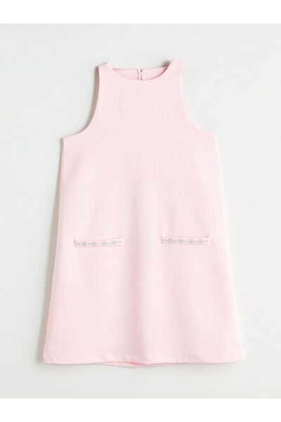 LC Waikiki LCW Kids Pembe Bisiklet Yaka Taşlı Kız Çocuk Elbise