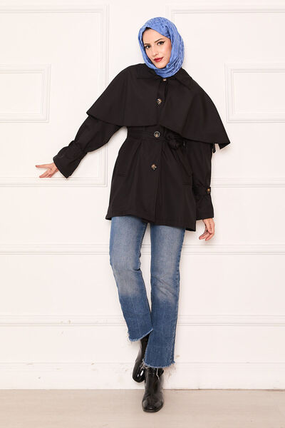 EBRUTESETTÜR Minimal Pelerin Detaylı Kemerli Trençkot