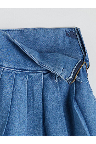 LC Waikiki Indigo Basic Pileli Kız Çocuk Jean Etek